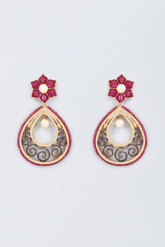 Gold Finish Kundan Polki & Red Stone Dangler Earrings