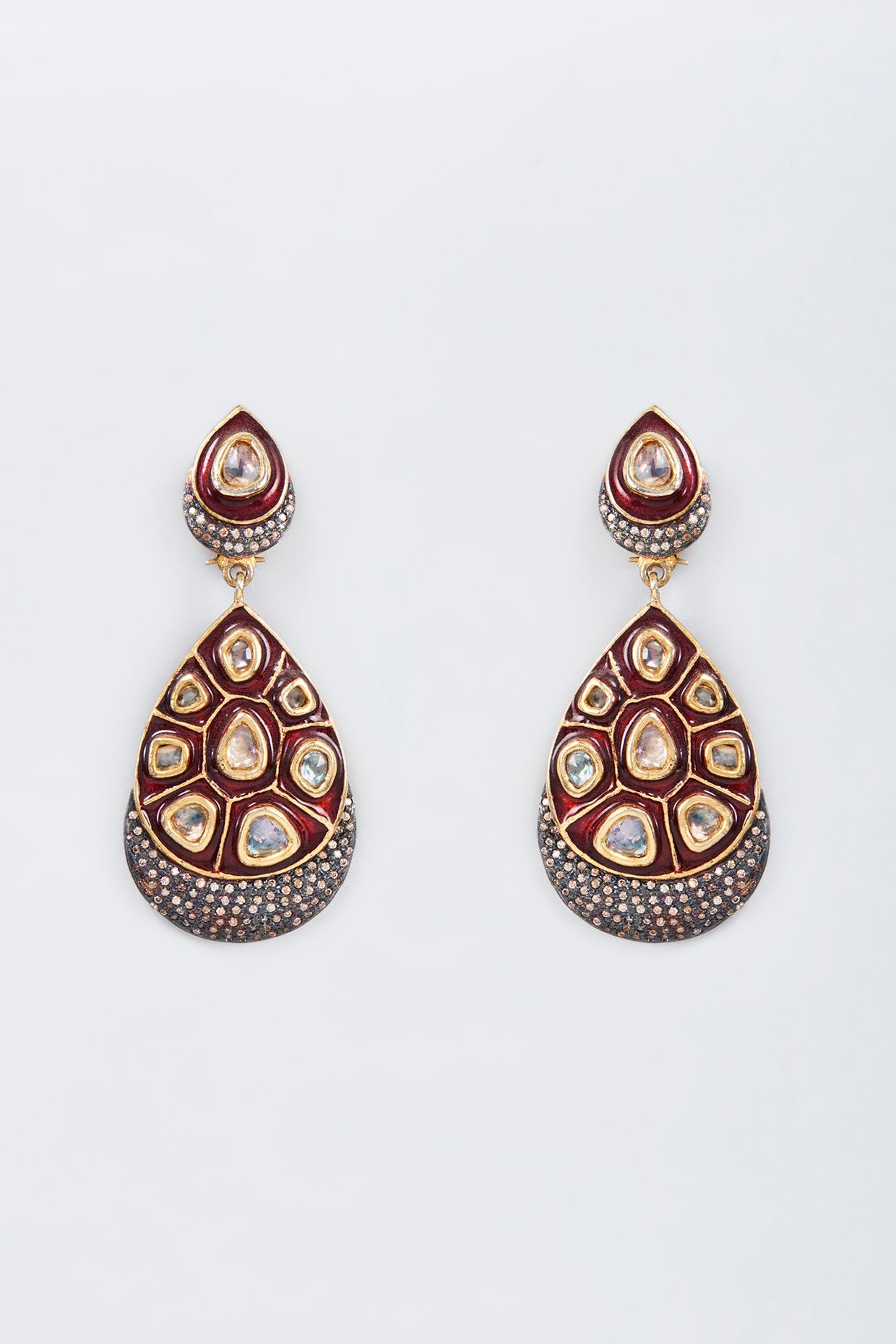 Black Rhodium Finish Kundan Polki & Multi-Colored Stone Dangler Earrings