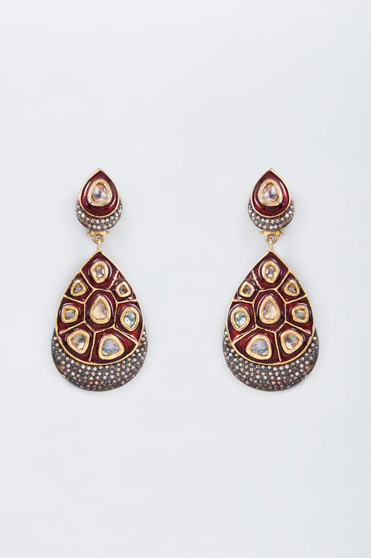 Black Rhodium Finish Kundan Polki & Multi-Colored Stone Dangler Earrings