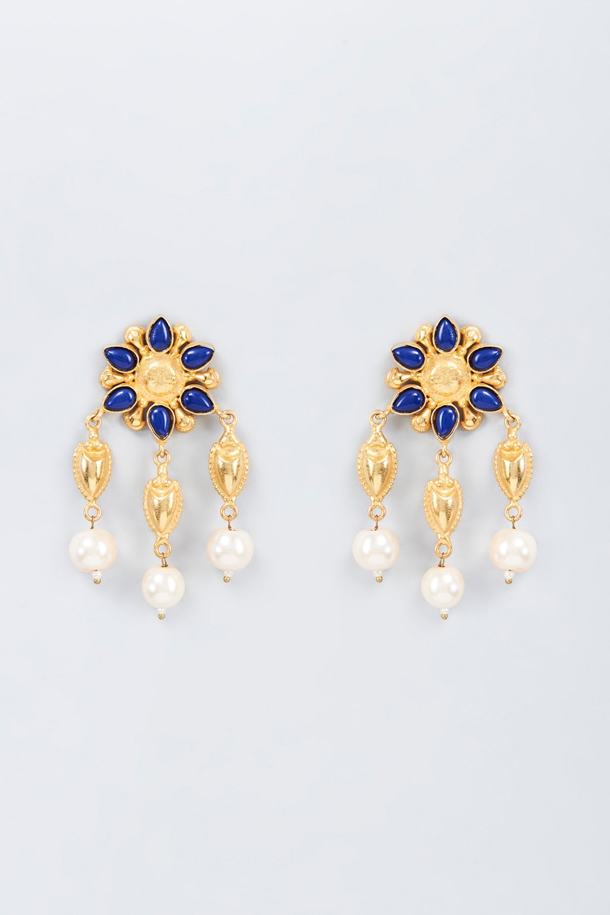 Gold Finish Blue Kundan Polki & Pearl Dangler Earrings