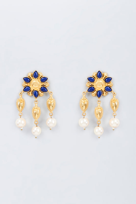 Gold Finish Blue Kundan Polki & Pearl Dangler Earrings