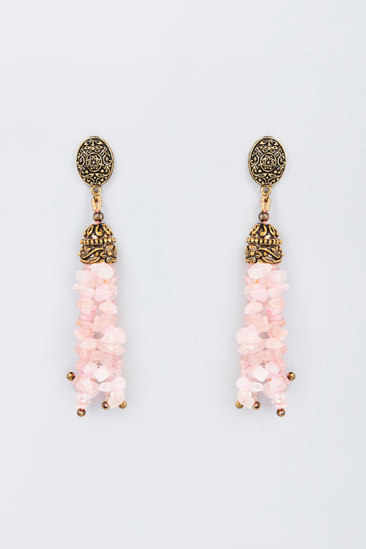 Gold Finish Pink Beaded Dangler Earrings