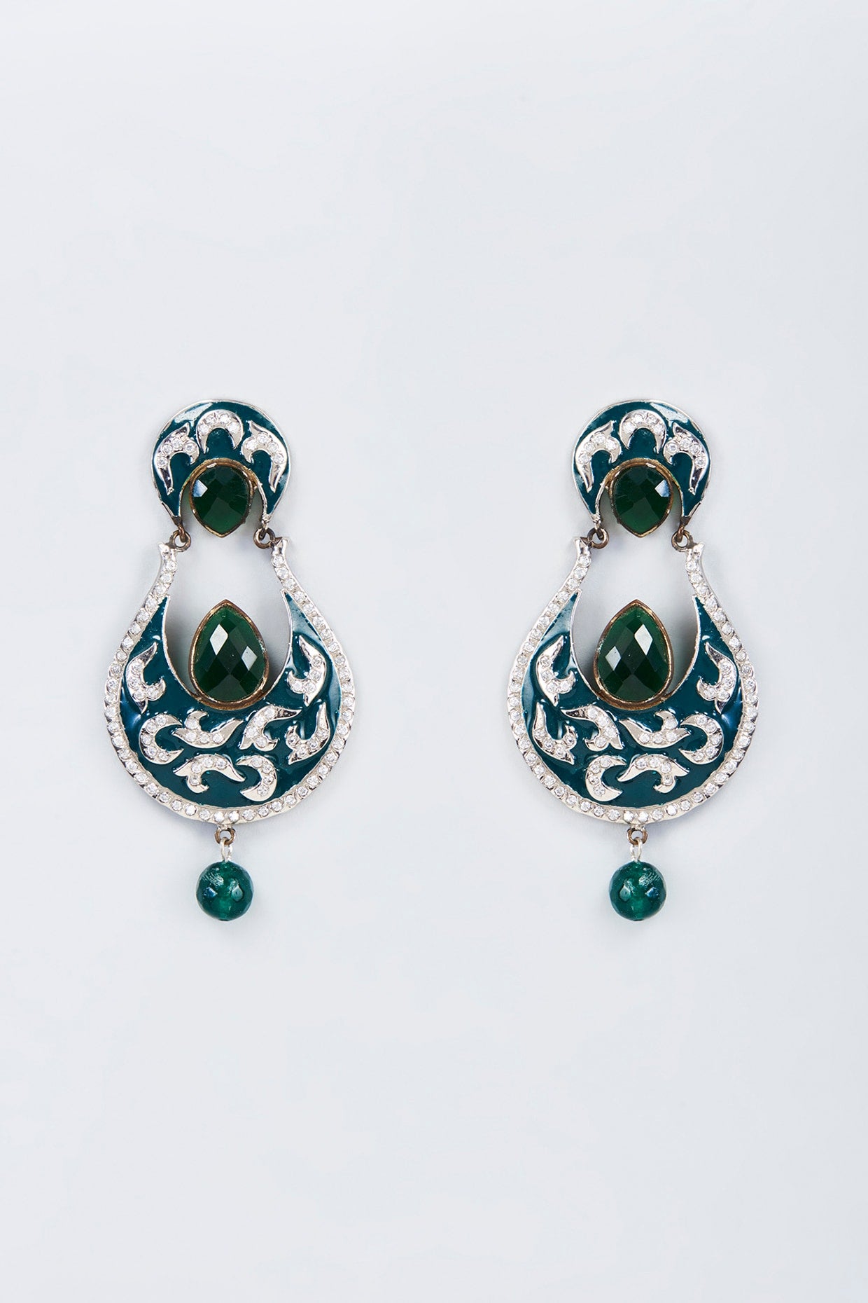 White Finish Green Stone Dangler Earrings