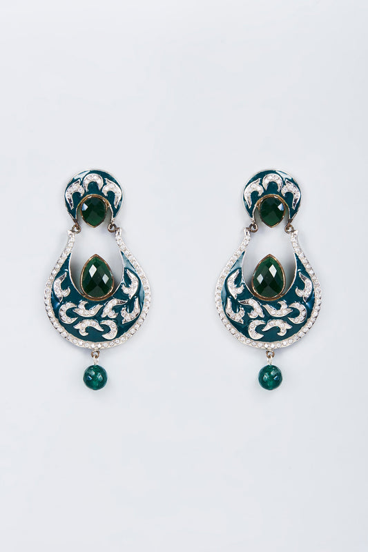 White Finish Green Stone Dangler Earrings