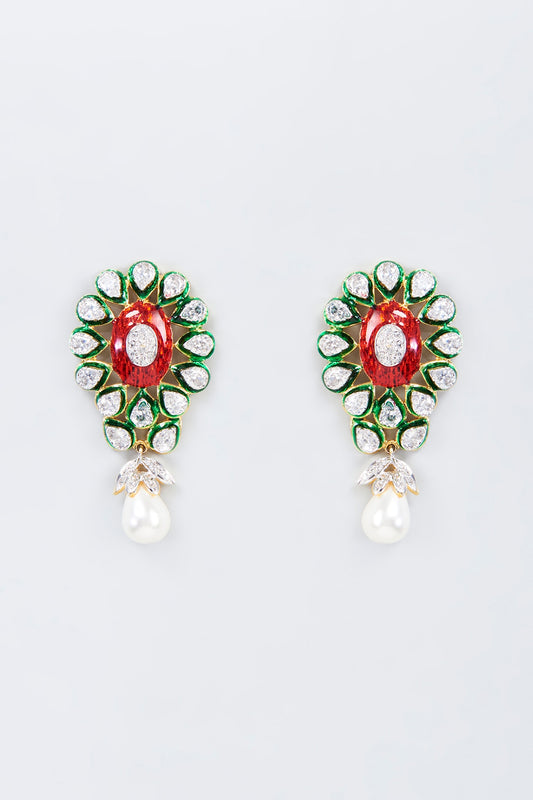 Gold Finish Kundan Polki & Pearl Dangler Earrings