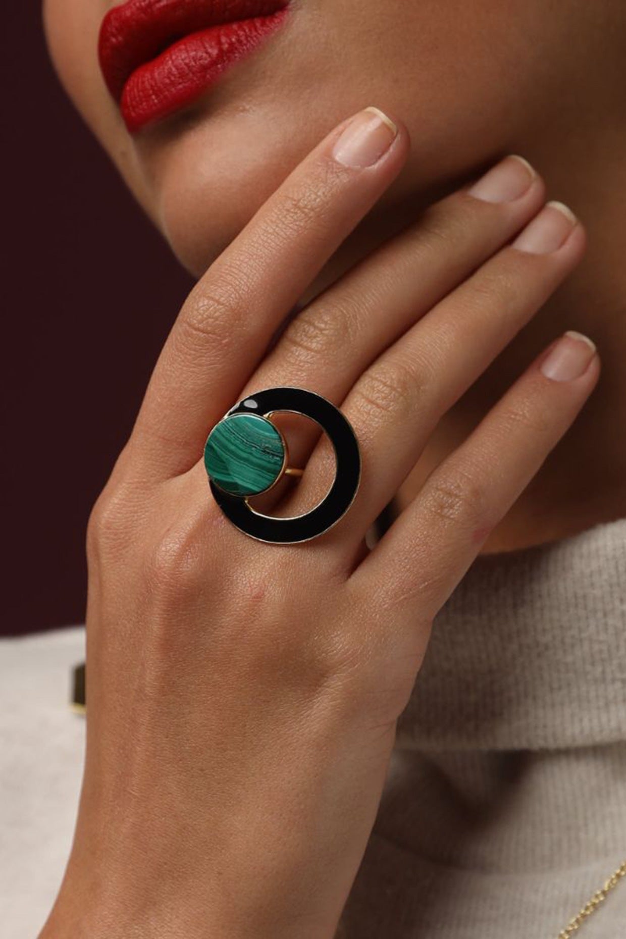 Gold Finish Malachite Enamelled Ring