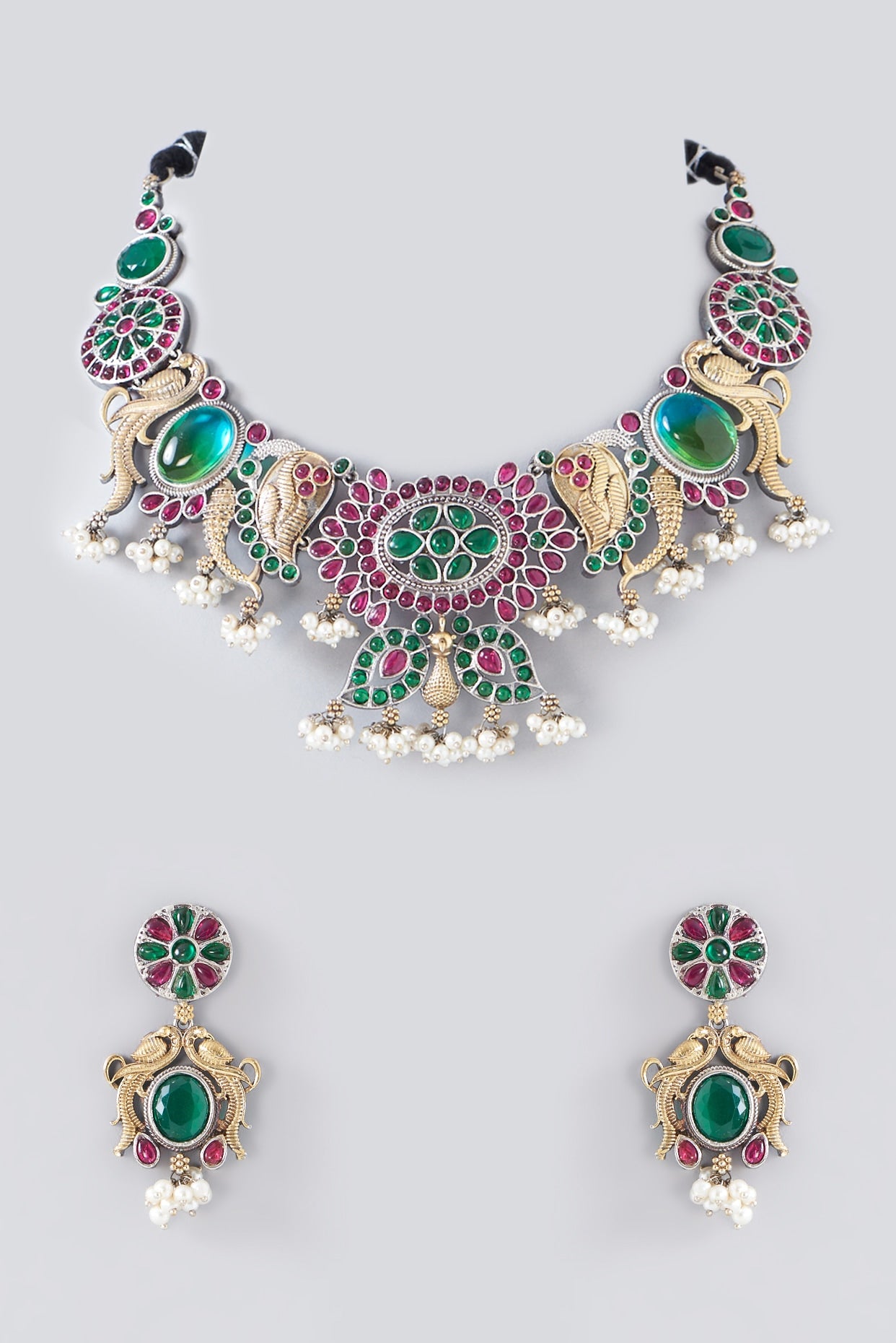 Oxidised Silver Finish Multi-Colored Semi-Precious Stone & Kundan Polki Necklace Set In Sterling Silver