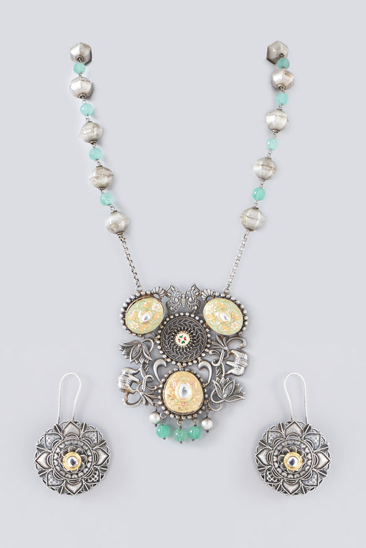 Silver Finish Multi-Colored Semi-Precious Stone & Kundan Polki Necklace Set