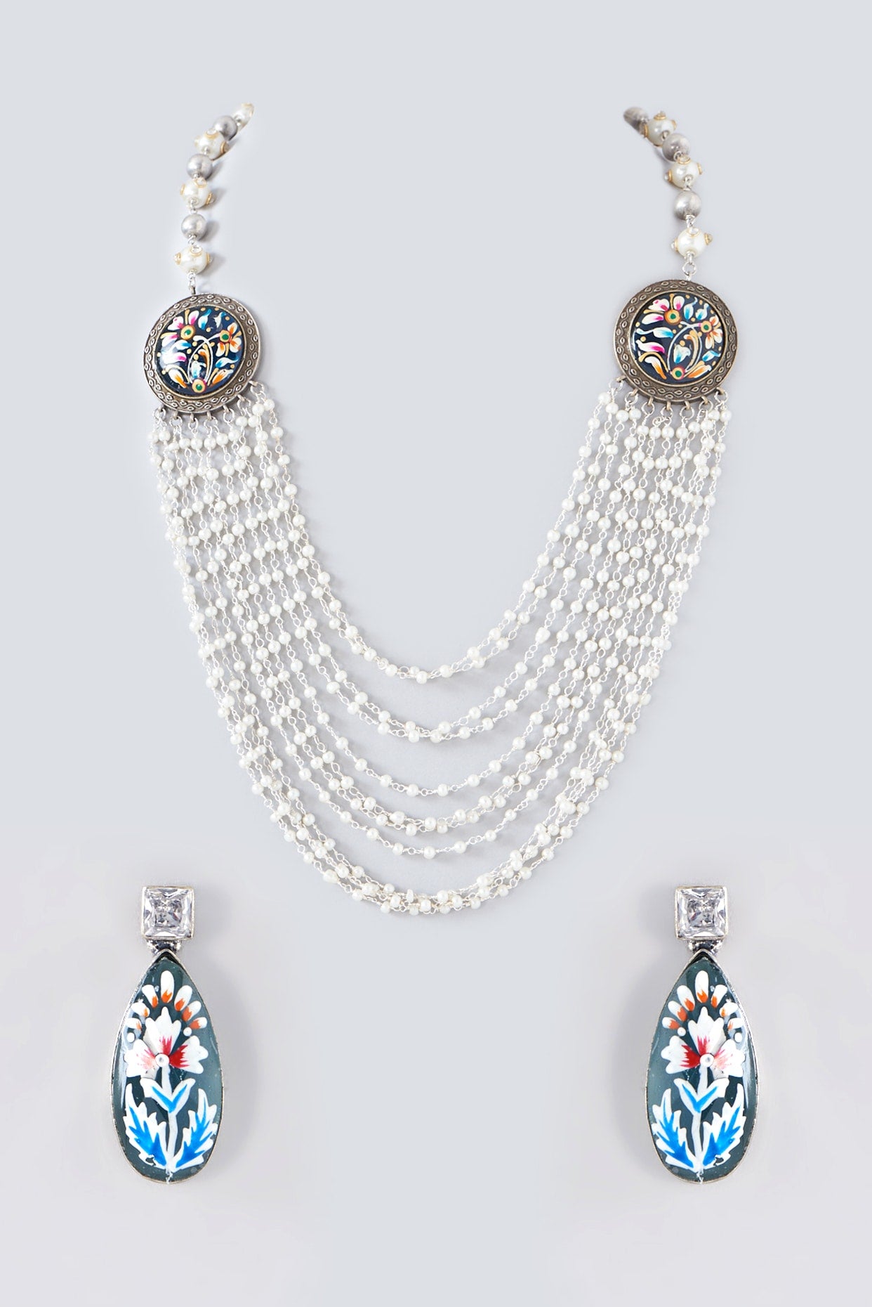 Oxidised Silver Finish Multi-Colored Meenakari Long Necklace Set