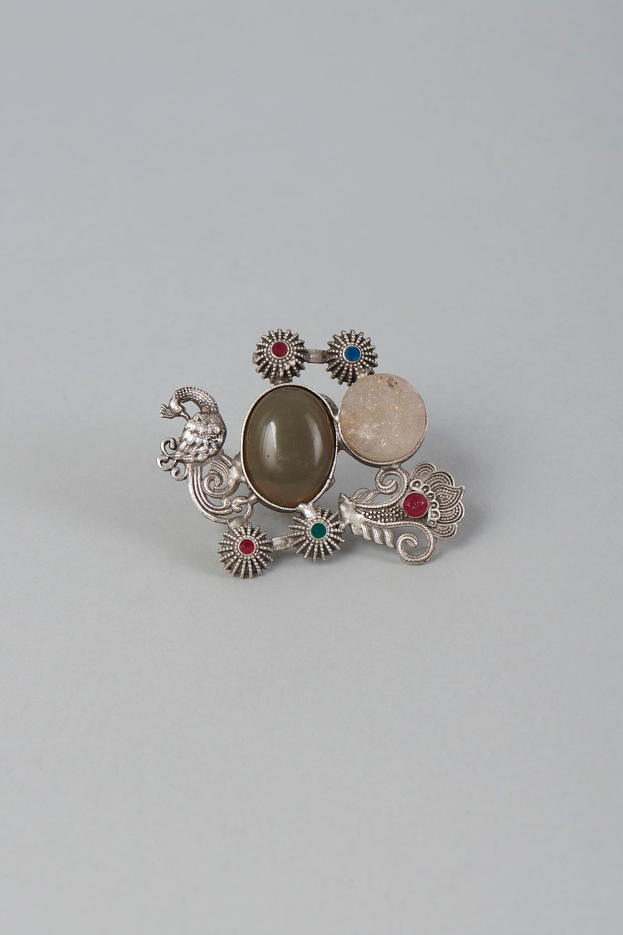 Silver Finish Ring With Semi-Precious Stones