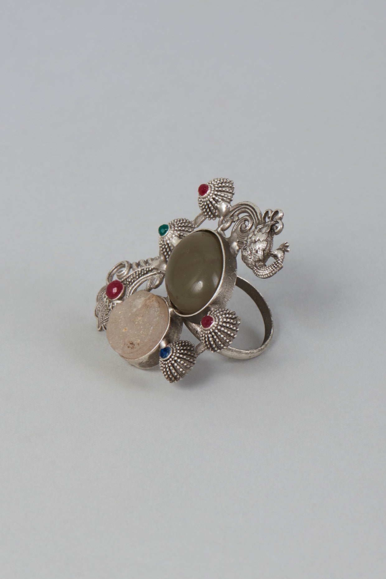 Silver Finish Ring With Semi-Precious Stones