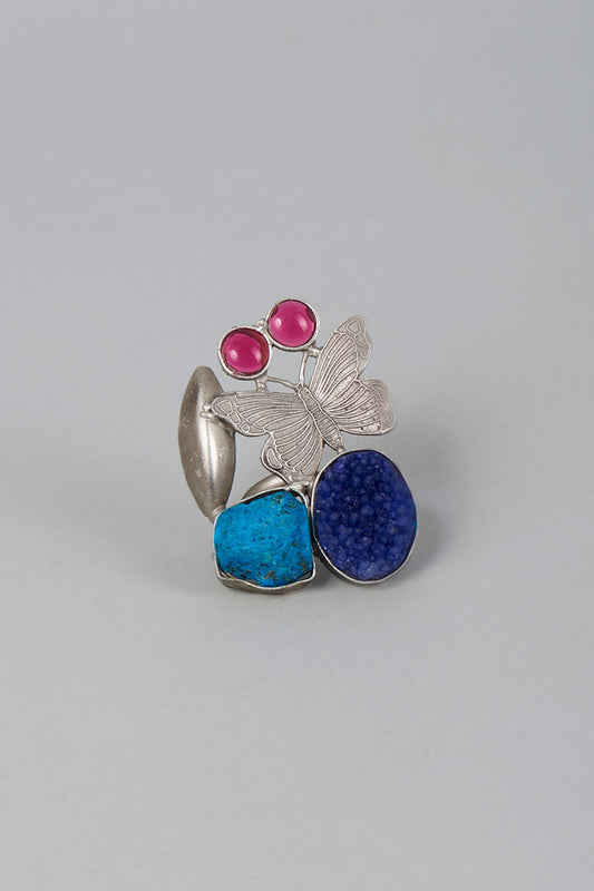 Silver Finish Adjustable Ring With Semi-Precious Stones