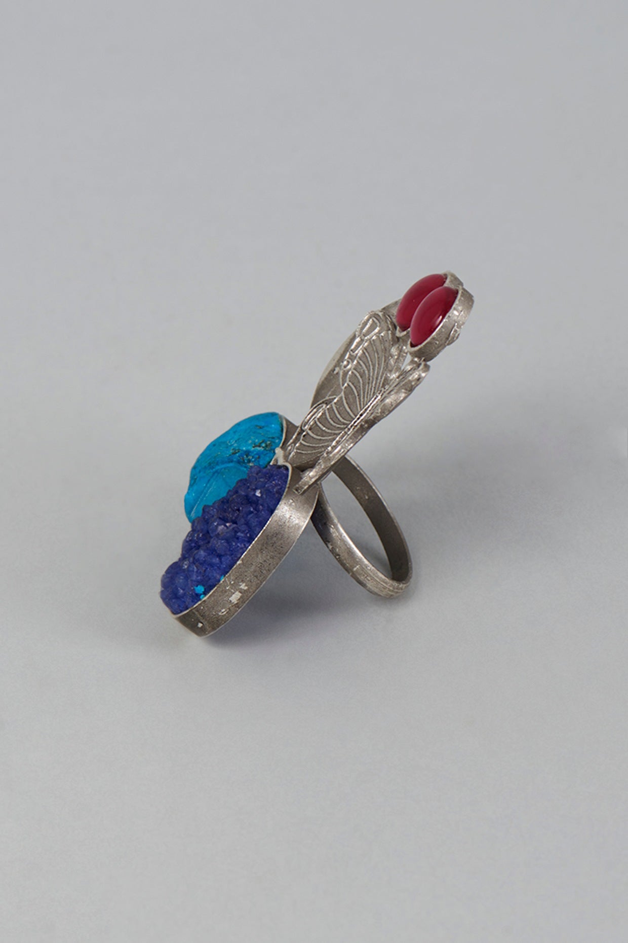 Silver Finish Adjustable Ring With Semi-Precious Stones