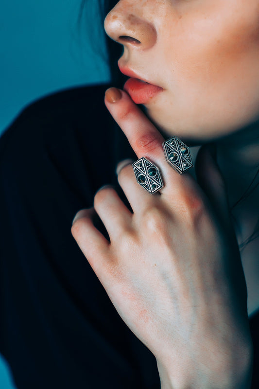 Black Rhodium Finish Pyrite Ring