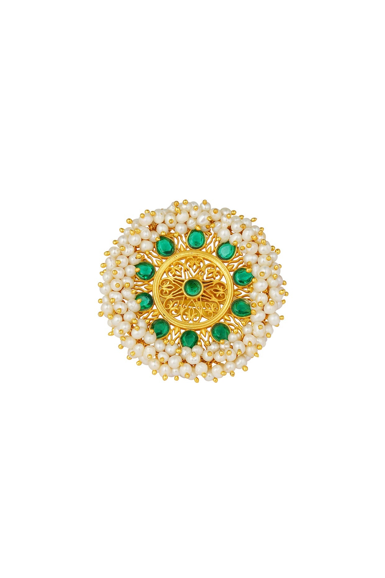 Gold Plated Green Cz & Pearl Beaded Ring