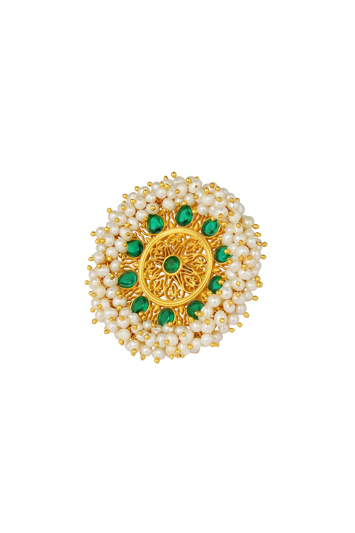 Gold Plated Green Cz & Pearl Beaded Ring