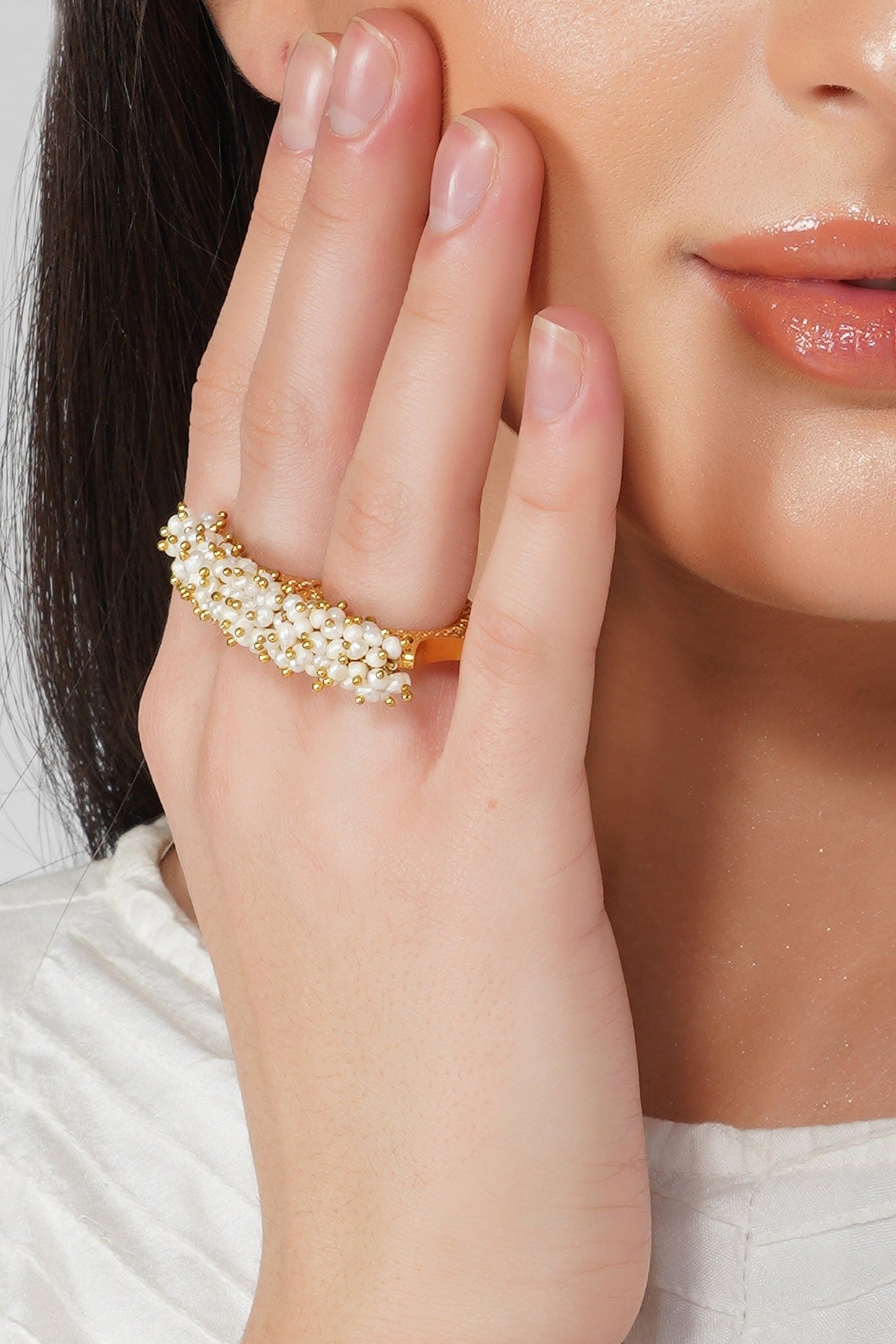 Gold Plated White Pearl Two Finger Ring