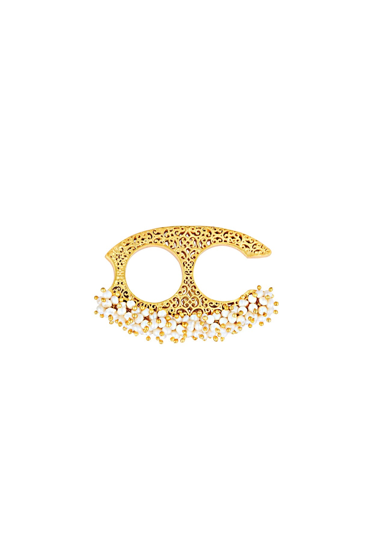 Gold Plated White Pearl Two Finger Ring