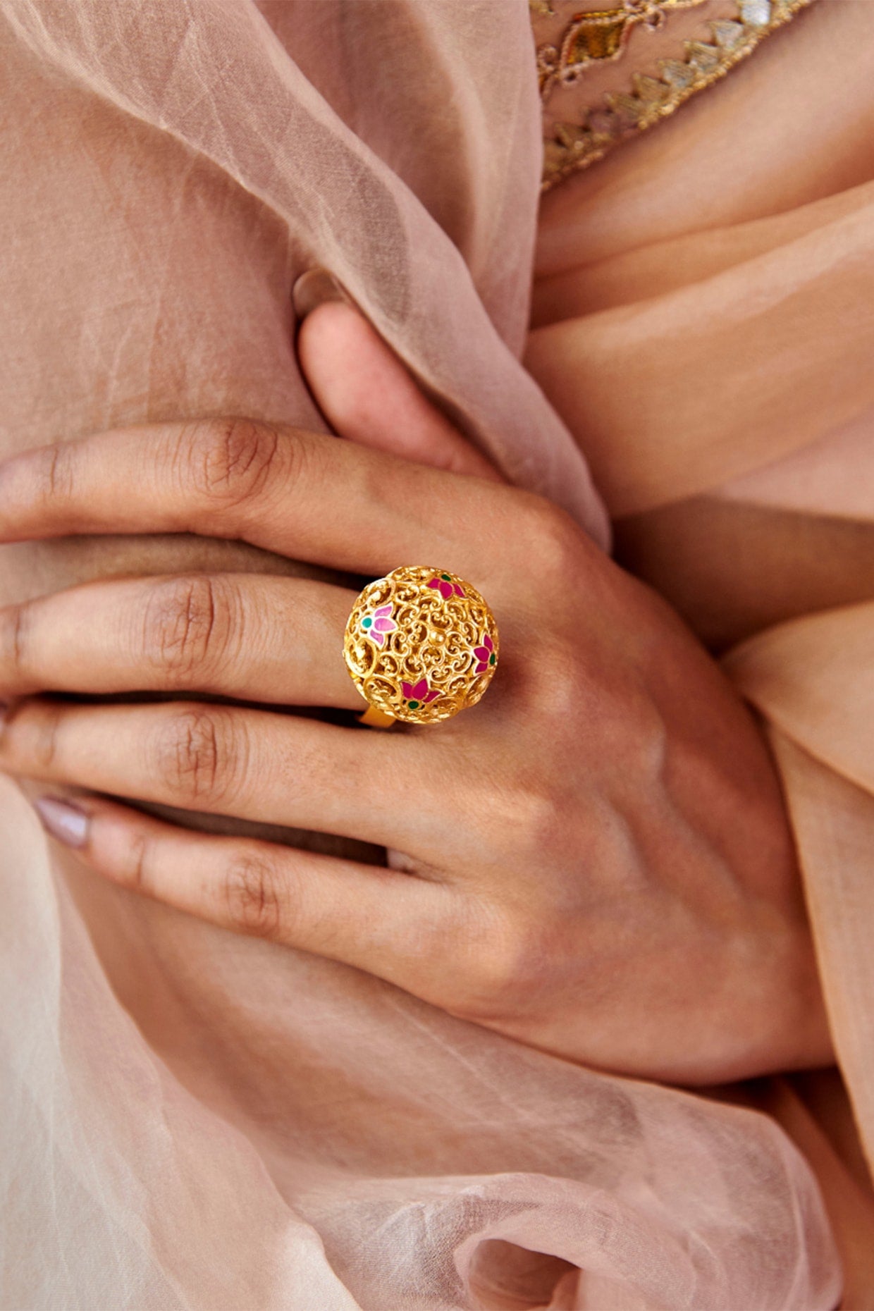 Gold Plated Pearl & Enamel Dome Ring