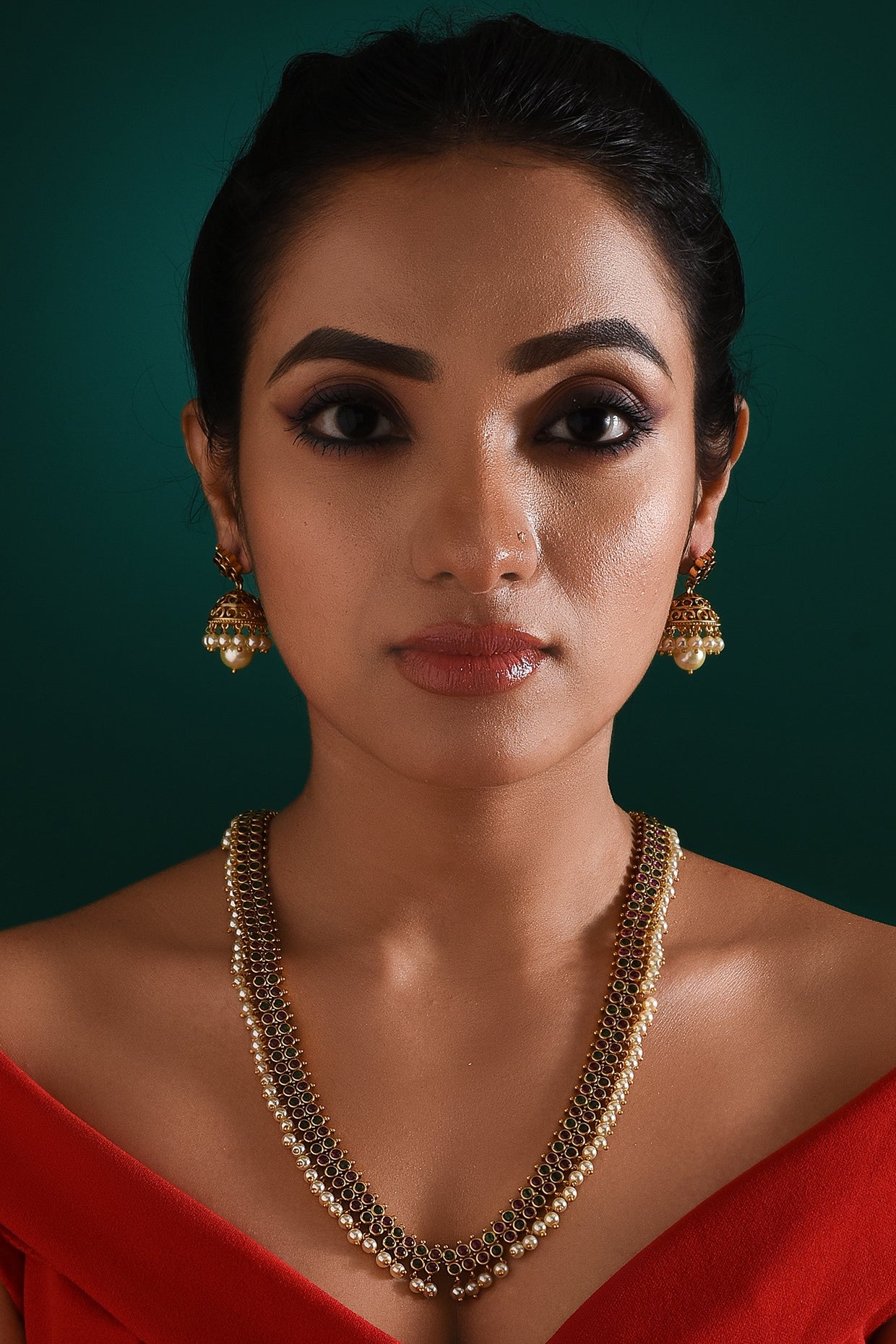 Gold Finish Multi-Colored Stone Long Temple Necklace Set