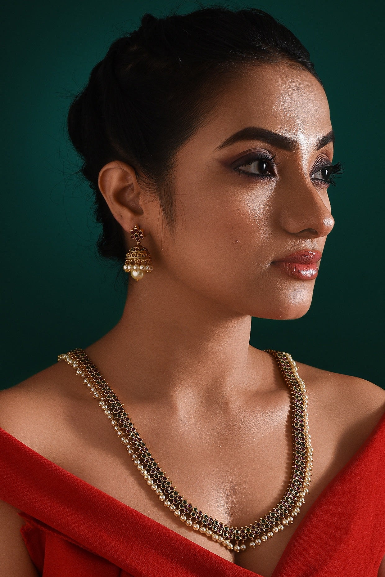 Gold Finish Multi-Colored Stone Long Temple Necklace Set