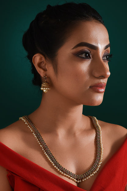 Gold Finish Multi-Colored Stone Long Temple Necklace Set
