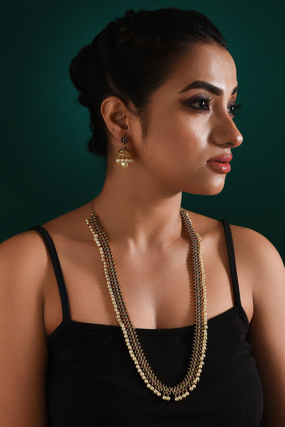Gold Finish Multi-Colored Stone Long Temple Necklace Set