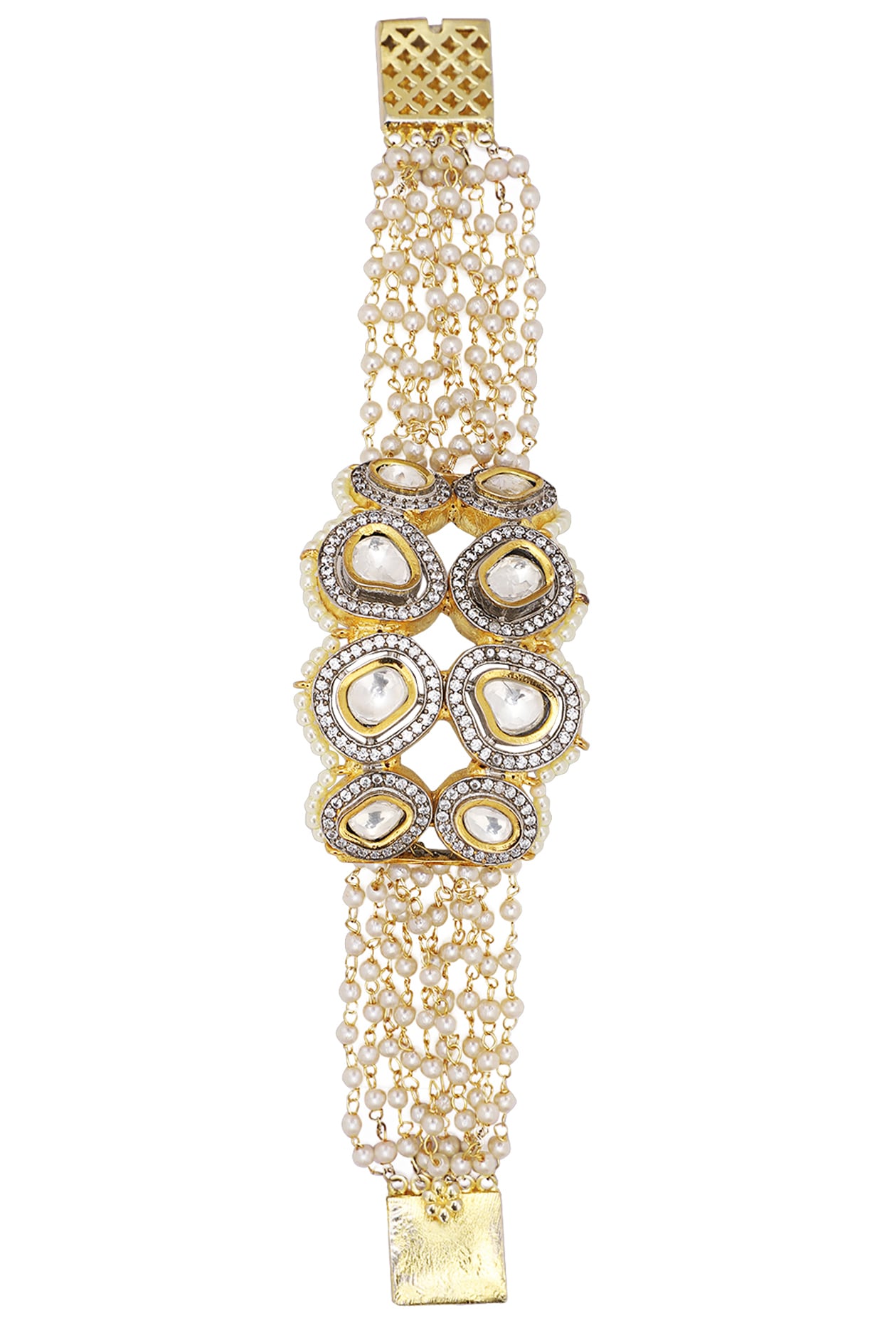 Gold Plated Kundan Polki & Pearl Bracelet