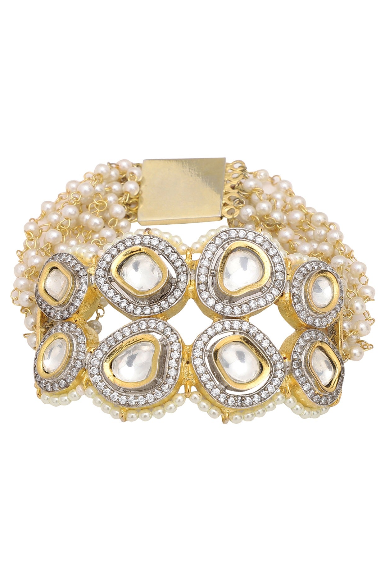 Gold Plated Kundan Polki & Pearl Bracelet