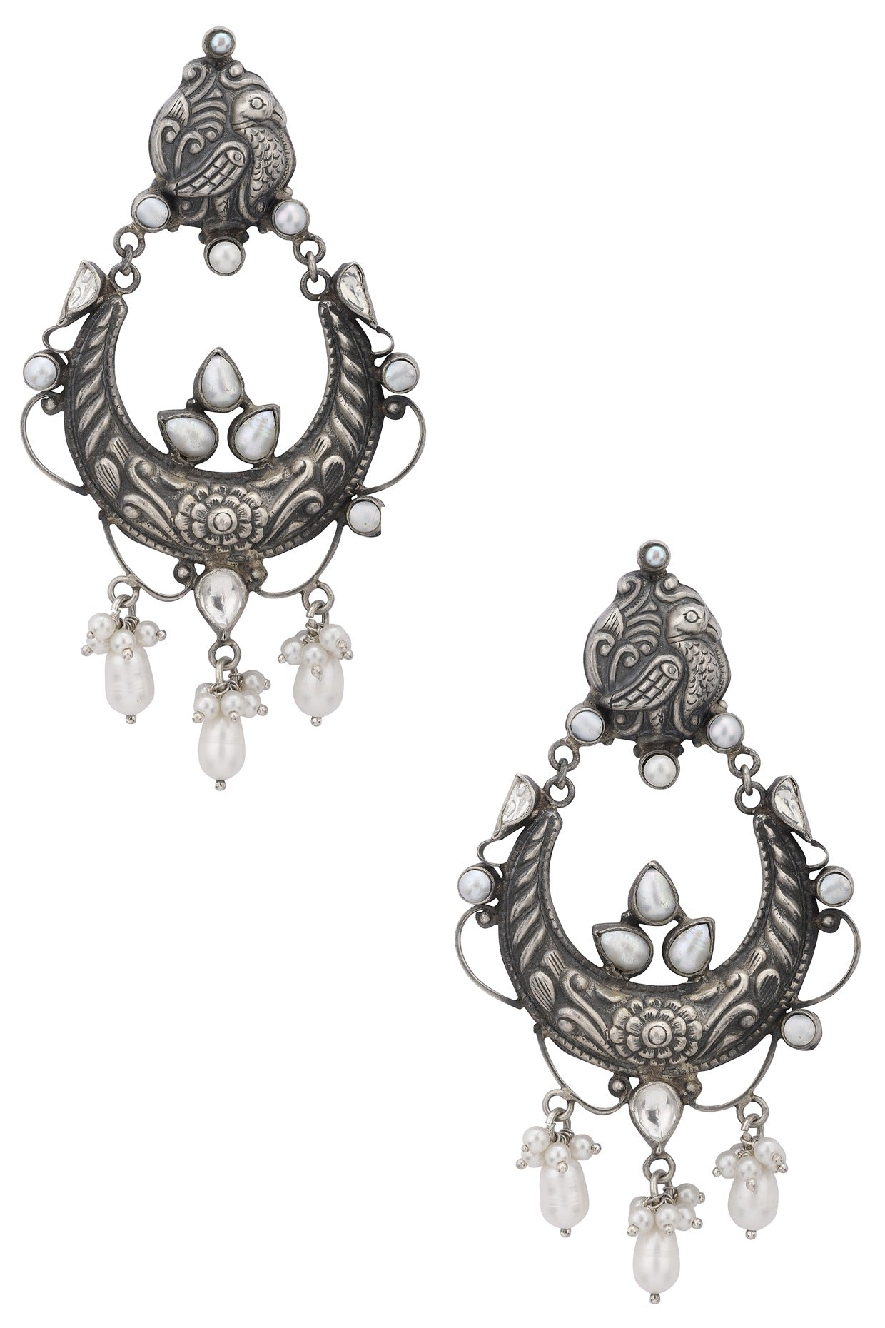 Silver Finish Peacock Chandbali Earrings In Sterling Silver