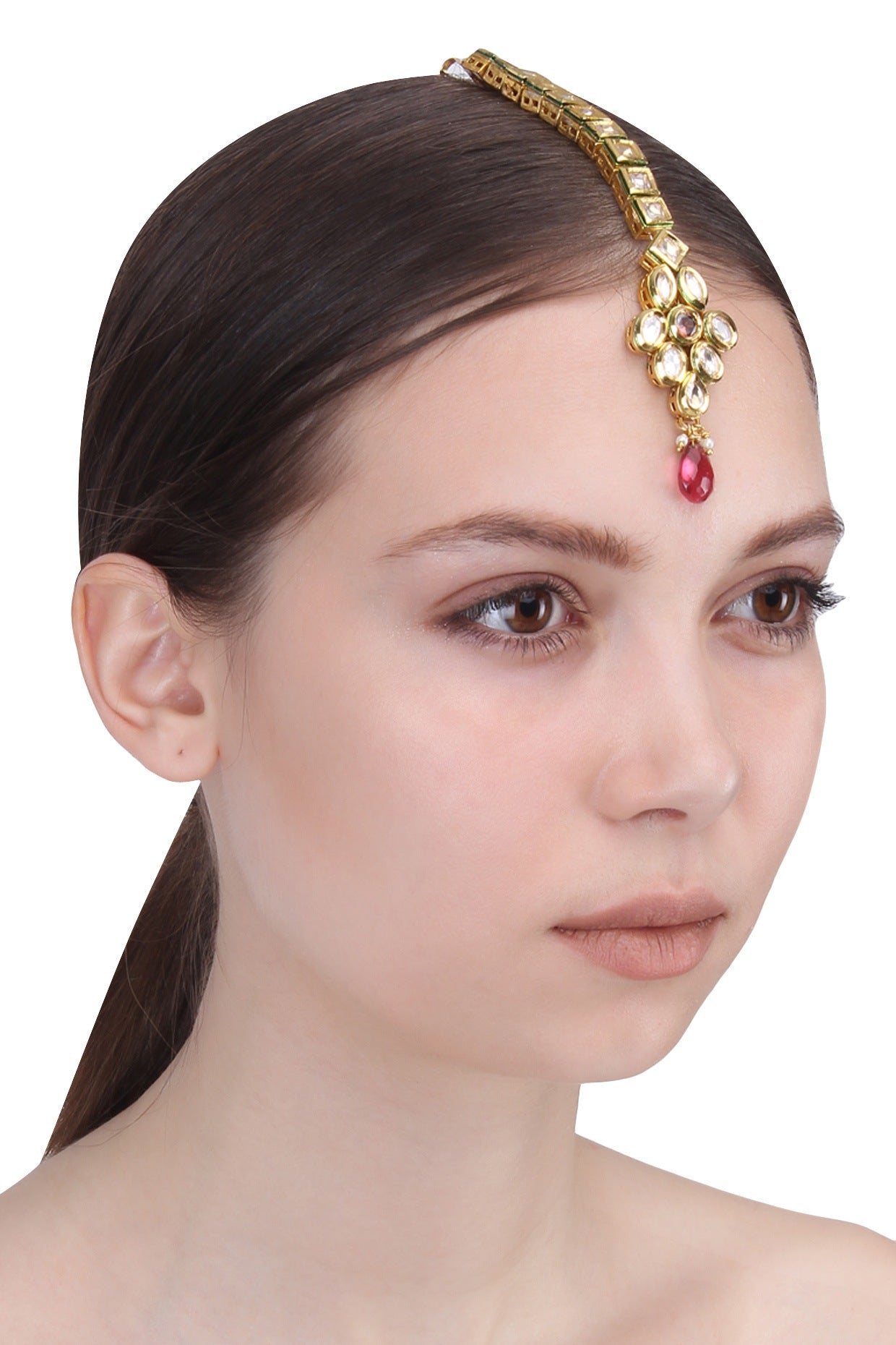 Gold Finish Kundan Polki & Pearl Maang Tikka