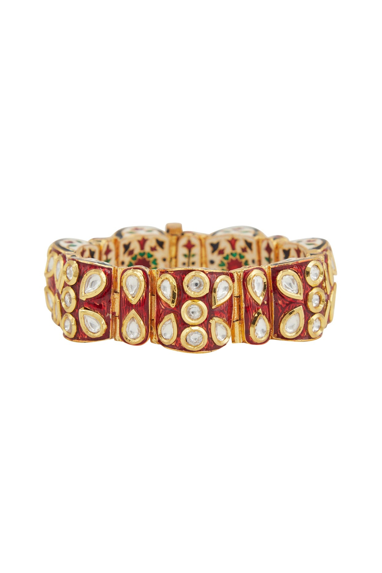 Gold Plated Kundan Polki Red Meenakari Openable Kada