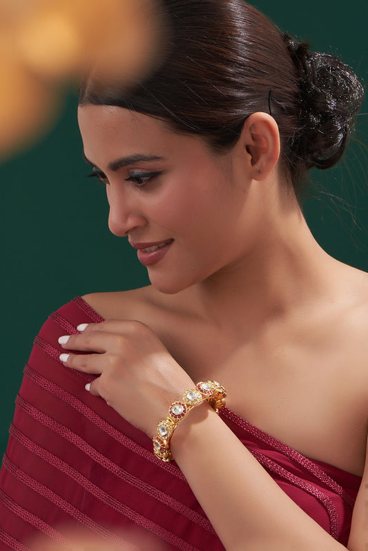 Gold Plated Kundan Polki & Ruby Stone Kada