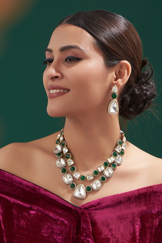 Two Tone Finish Kundan Polki & Green Stone Necklace Set