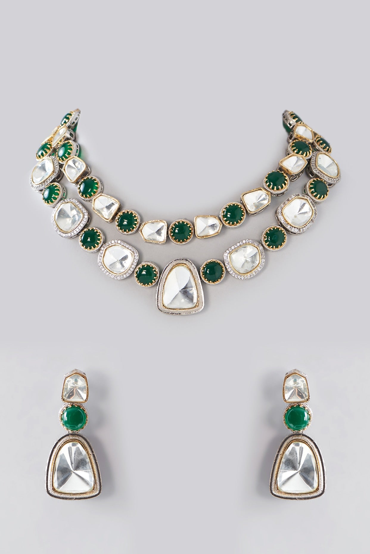 Two Tone Finish Kundan Polki & Green Stone Necklace Set