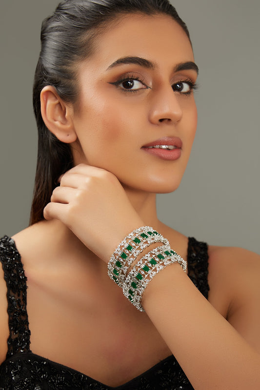 White Finish Faux Diamond & Green Stone Bangles (Set of 2)