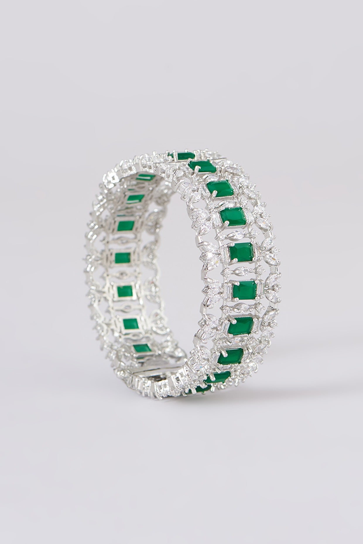 White Finish Faux Diamond & Green Stone Bangles (Set of 2)