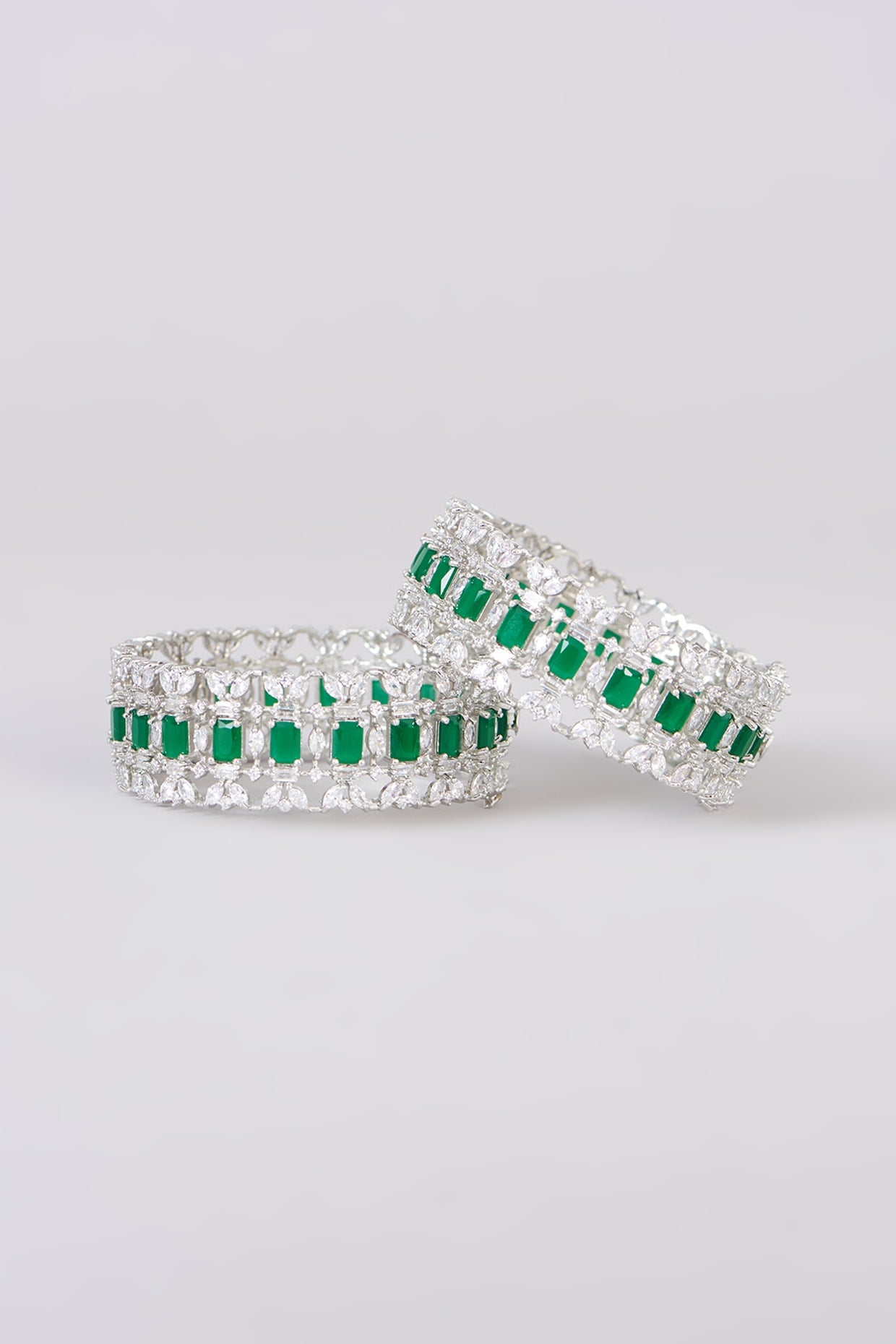 White Finish Faux Diamond & Green Stone Bangles (Set of 2)