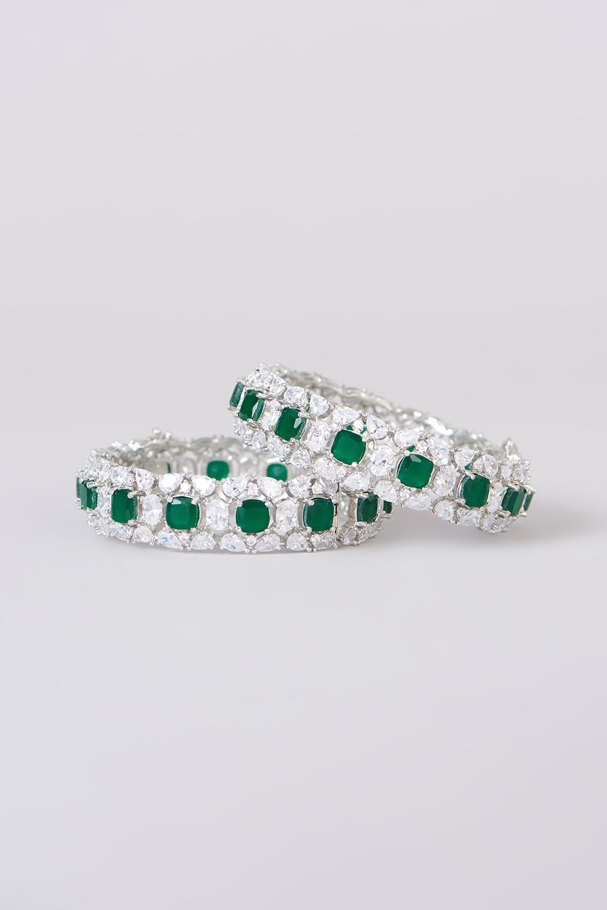 White Finish Faux Diamond & Emerald Stone Bangles (Set of 2)