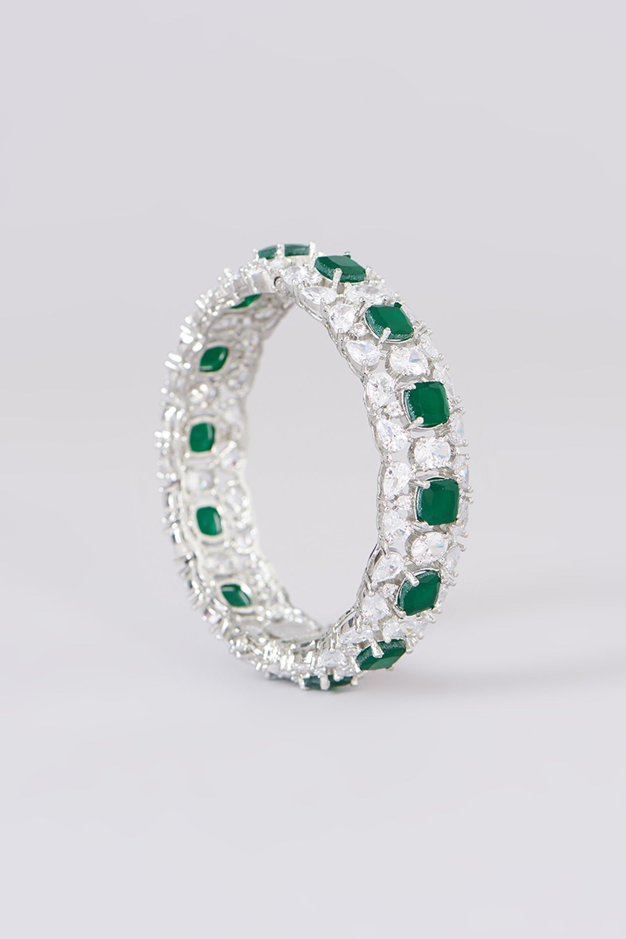 White Finish Faux Diamond & Emerald Stone Bangles (Set of 2)