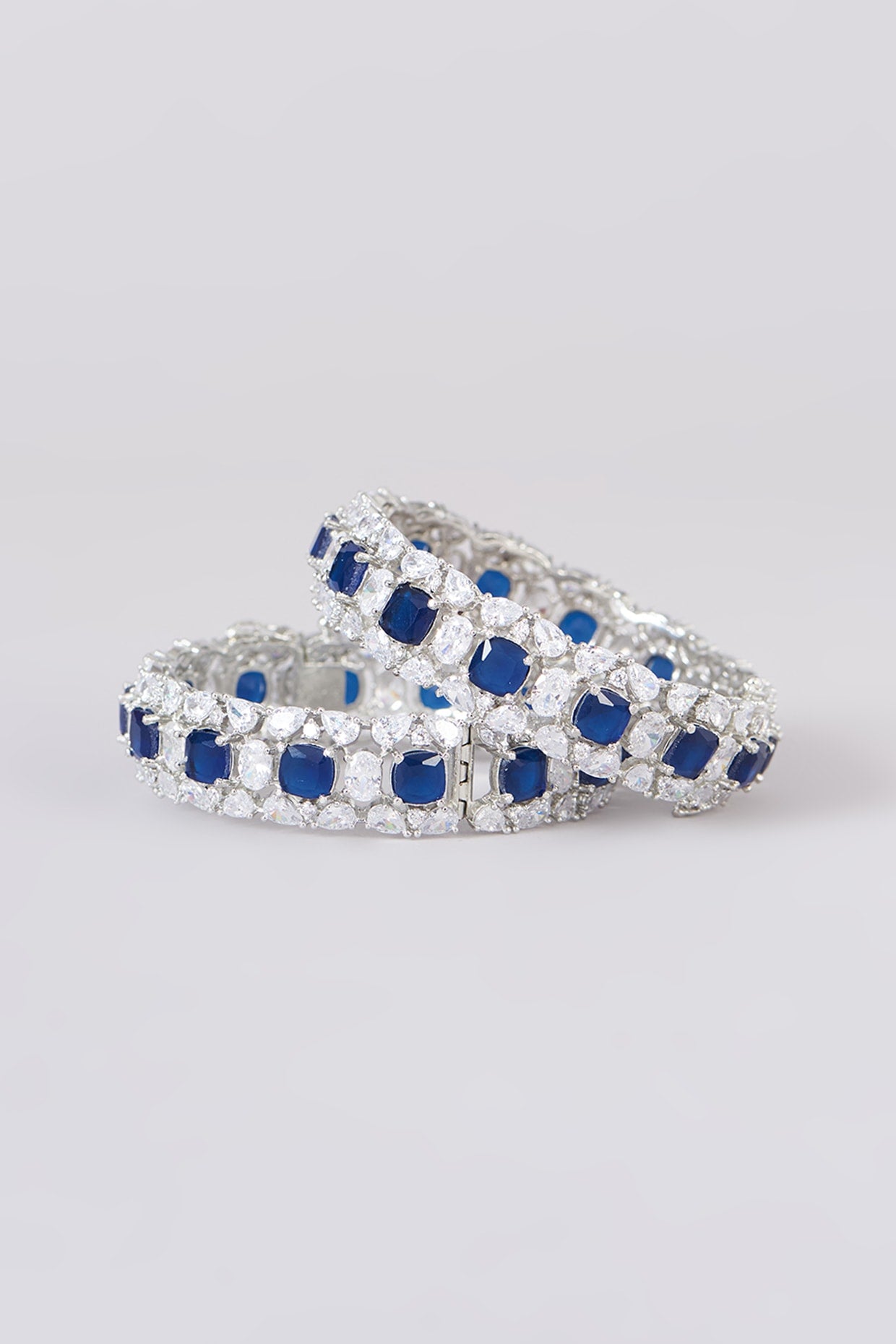 White Finish Faux Diamond & Sapphire Stone Bangles (Set of 2)