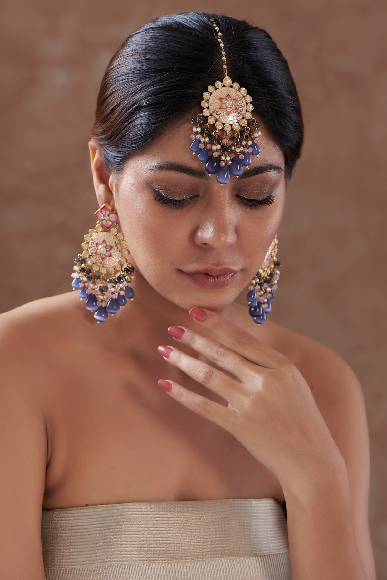 Gold Plated Kundan Polki & Purple Pearl Dangler Earrings With Maang Tikka