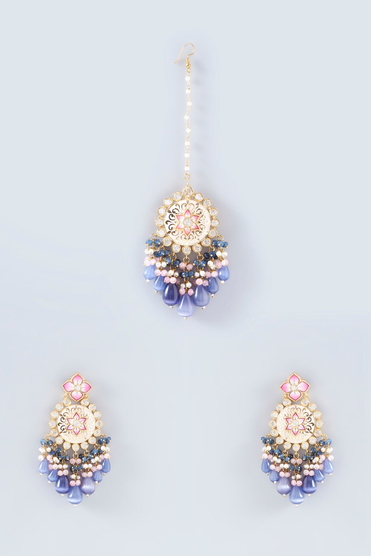 Gold Plated Kundan Polki & Purple Pearl Dangler Earrings With Maang Tikka