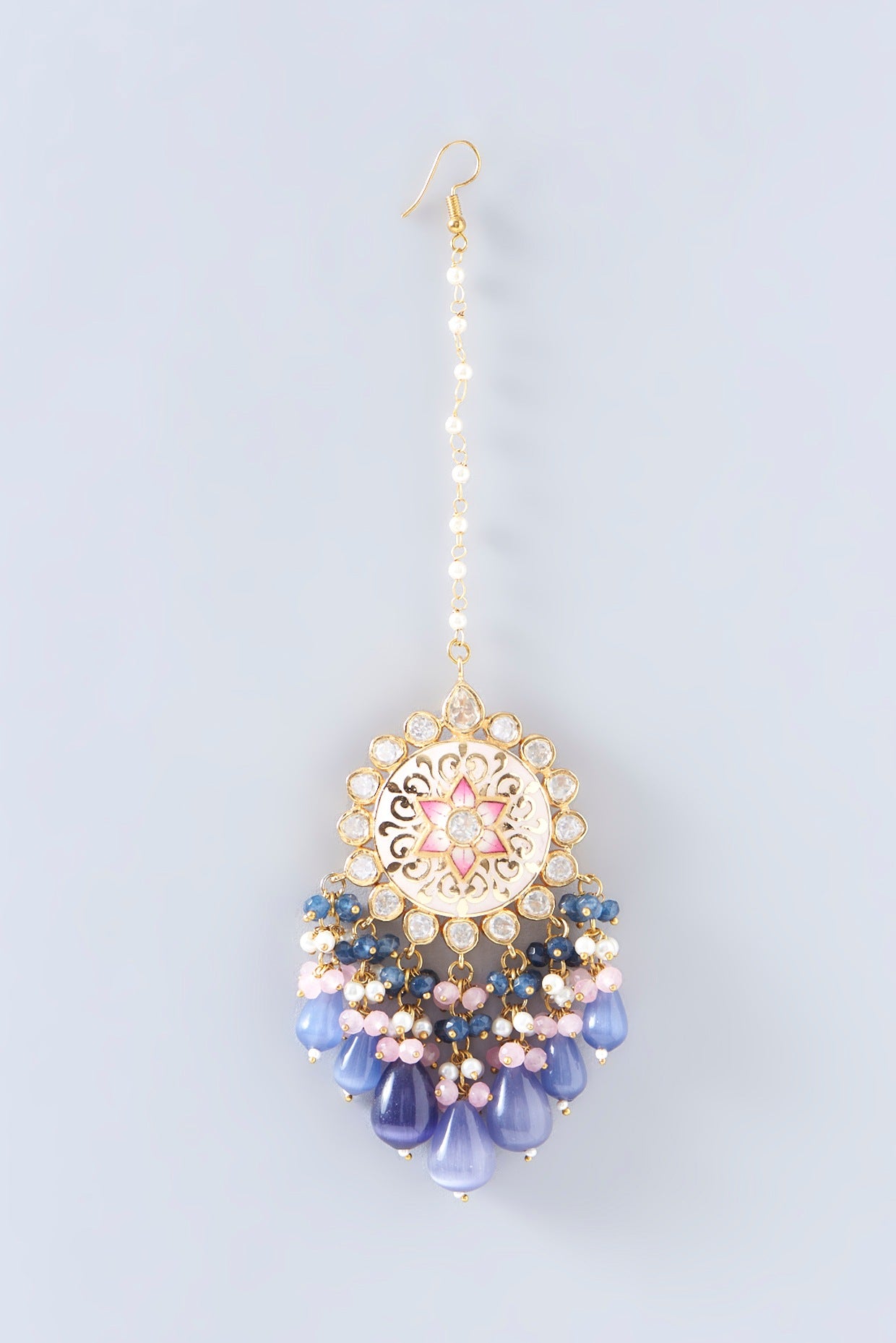 Gold Plated Kundan Polki & Purple Pearl Dangler Earrings With Maang Tikka