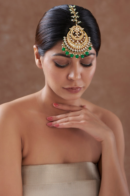 Gold Finish Kundan Polki & Emerald Drop Maang Tikka