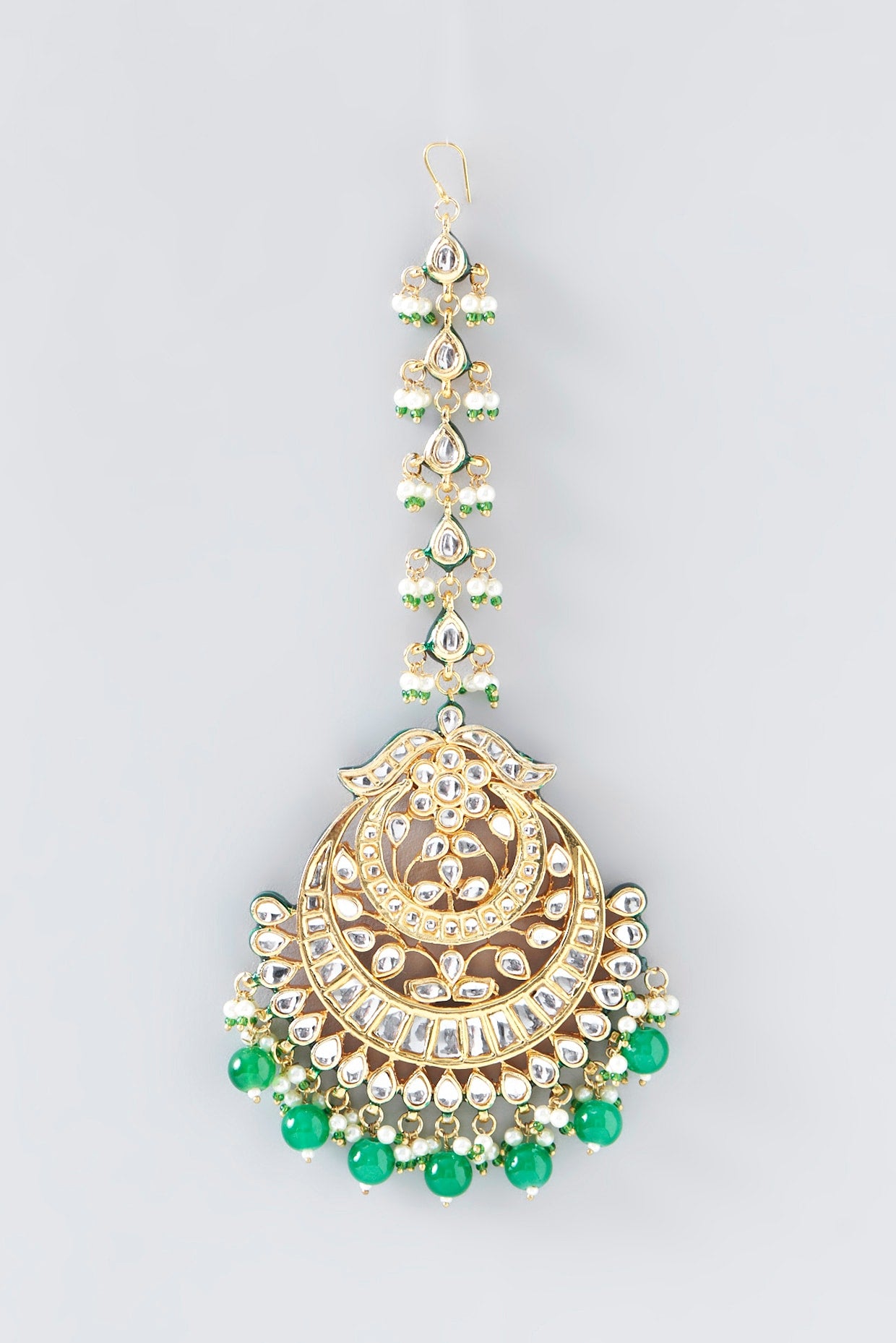 Gold Finish Kundan Polki & Emerald Drop Maang Tikka