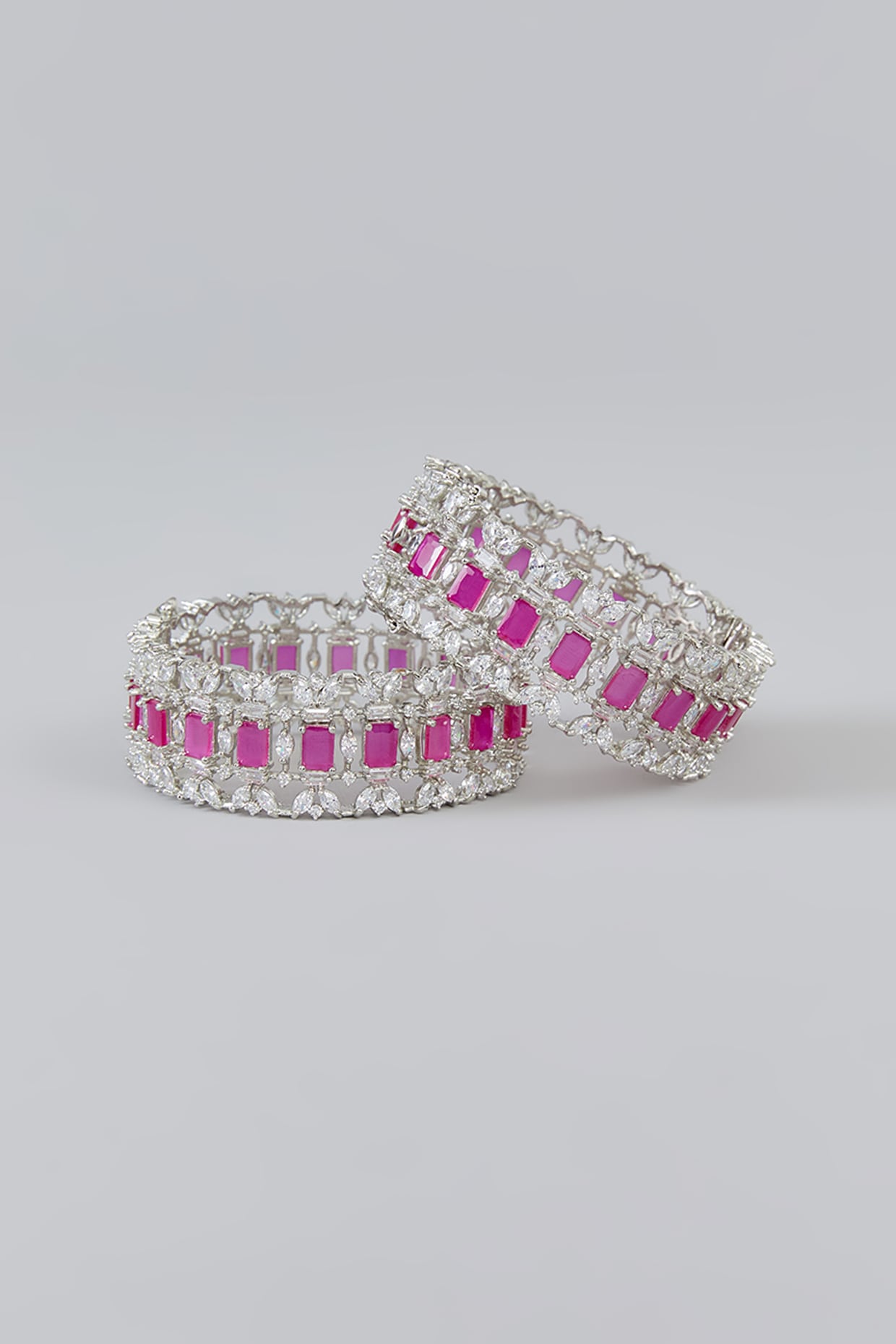 White Finish Faux Diamond & Pink Stone Bangles (Set of 2)