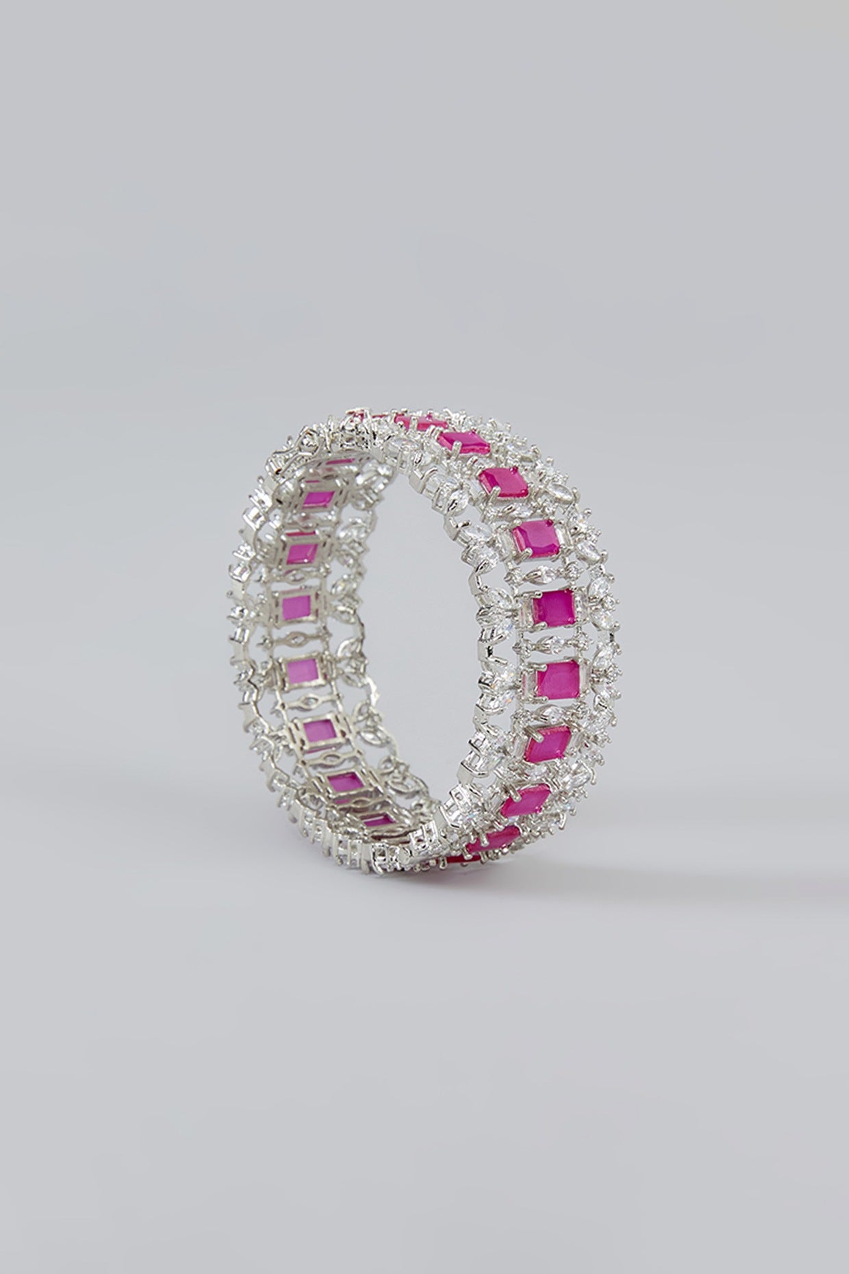 White Finish Faux Diamond & Pink Stone Bangles (Set of 2)