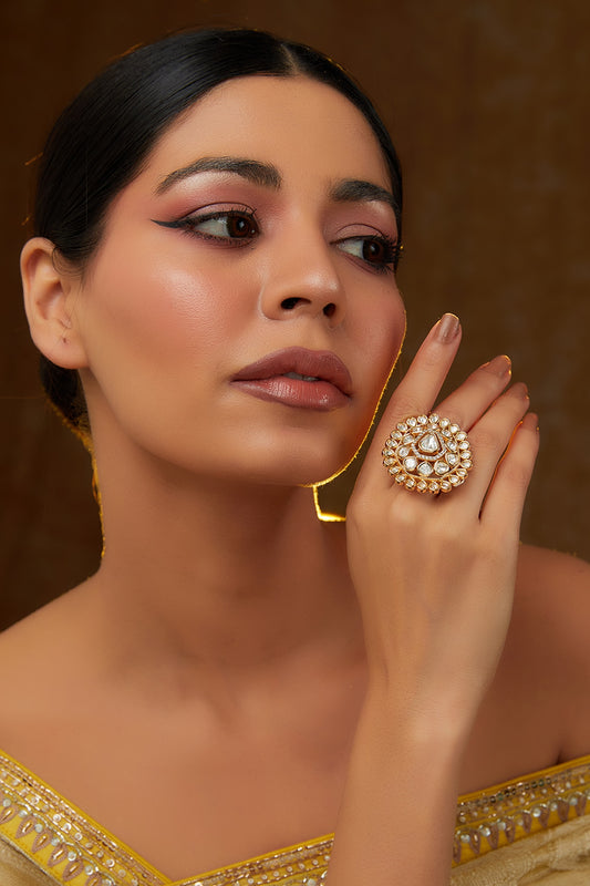 Gold Finish Kundan Polki Ring