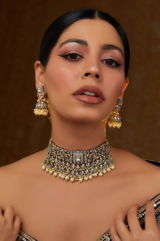 Gold Finish Kundan Polki Choker Necklace Set